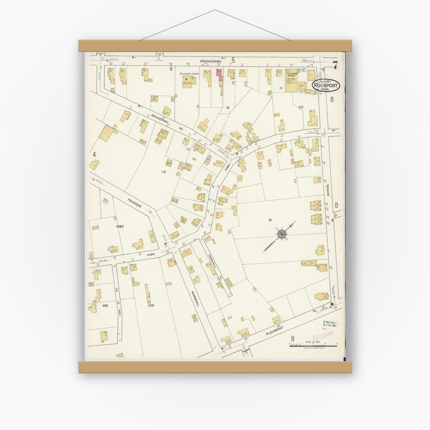 Old map wall art mockup — magnetic wood frame on white wall — Sanborn Fire Insurance Map from Rockport, Essex County, Massachusetts (1917), Sheet #0007