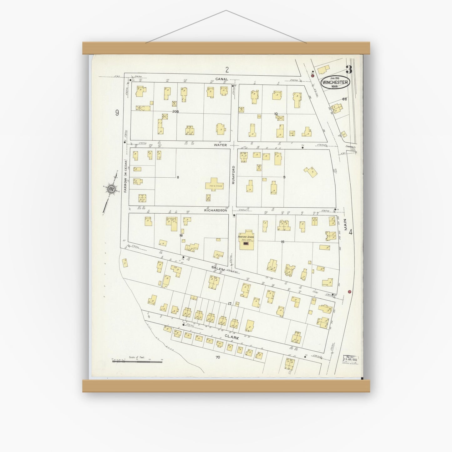 Old map wall art mockup — magnetic wood frame on white wall — Sanborn Fire Insurance Map from Winchester, Middlesex County, Massachusetts (1916), Sheet #0003