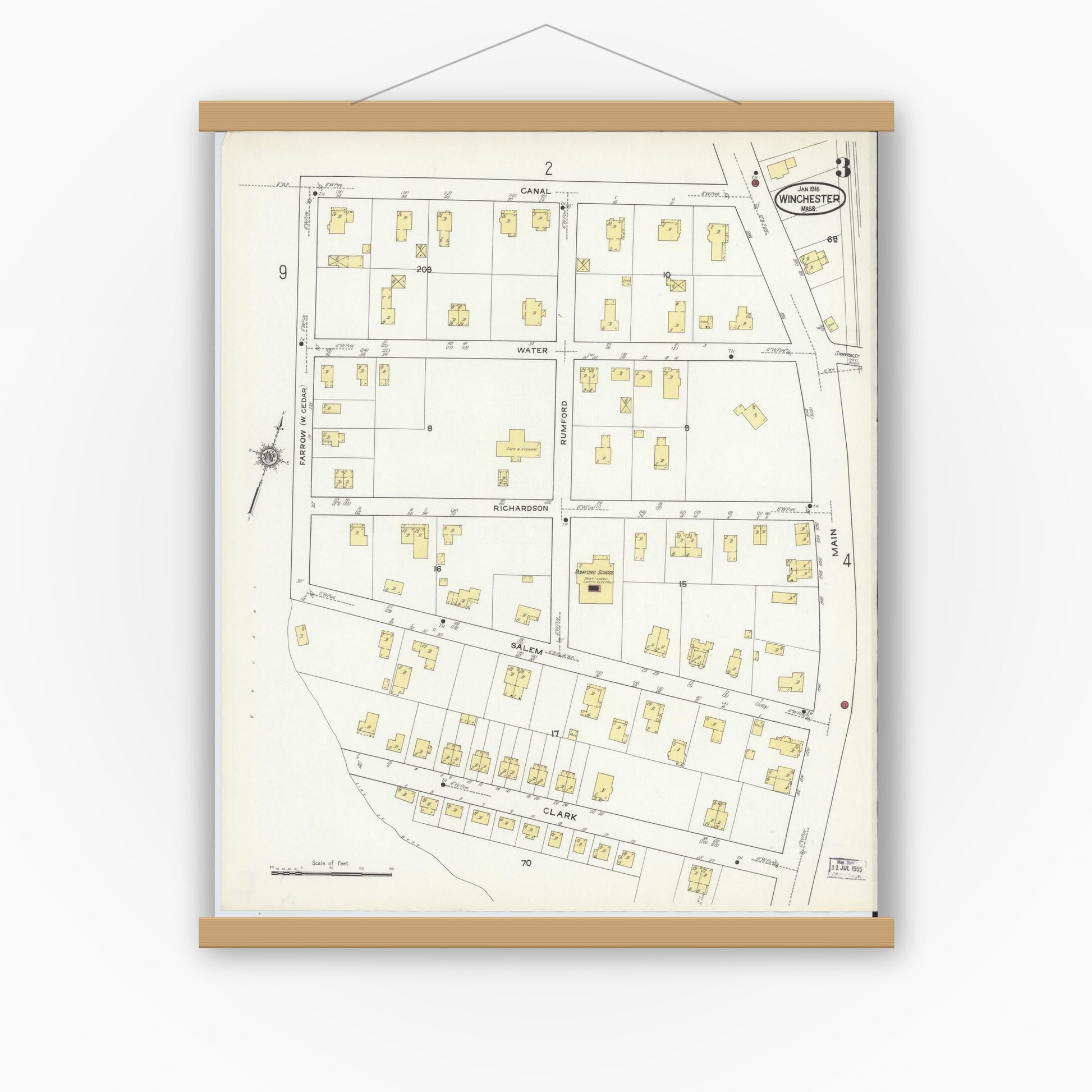 Old map wall art mockup — magnetic wood frame on white wall — Sanborn Fire Insurance Map from Winchester, Middlesex County, Massachusetts (1916), Sheet #0003