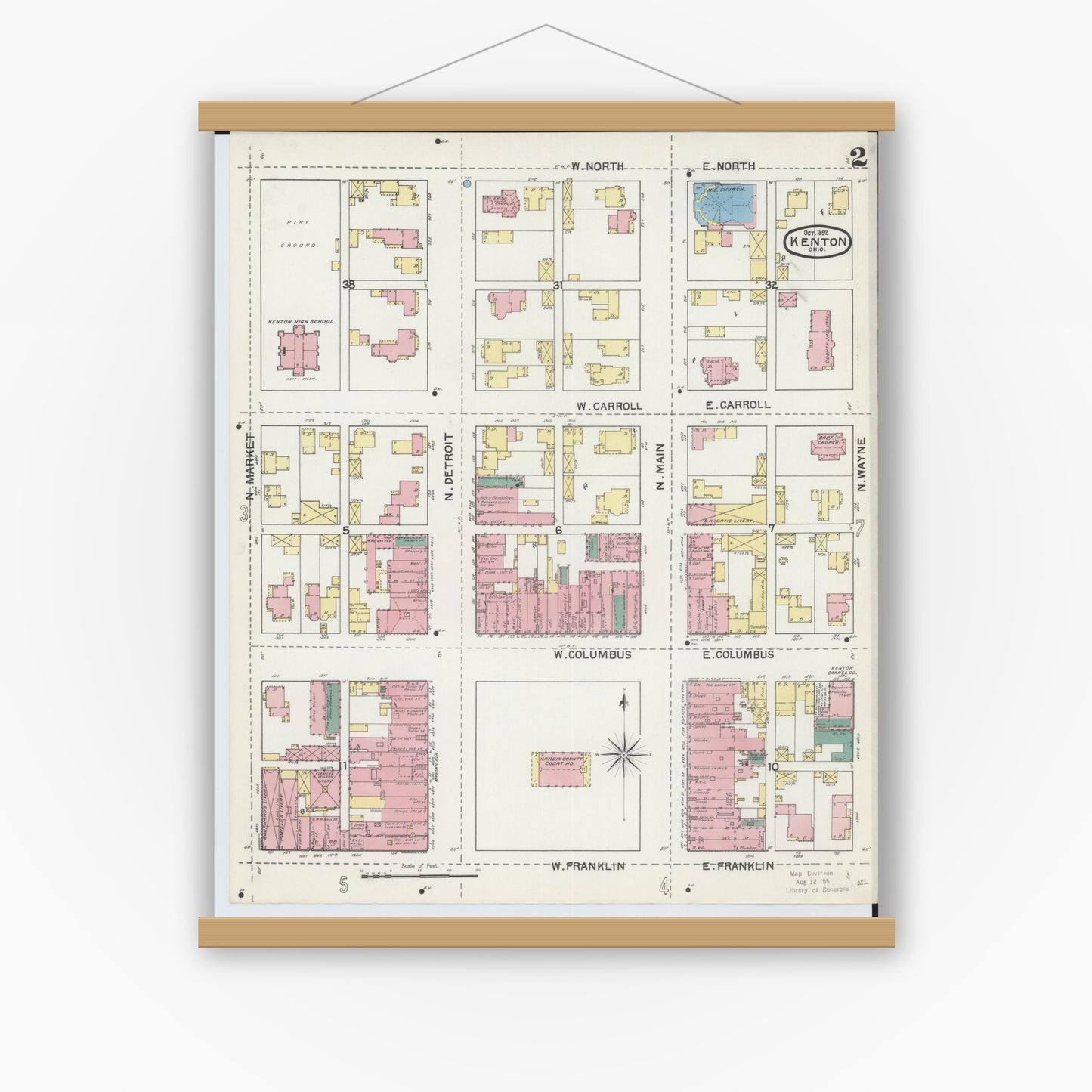 Old map wall art mockup — magnetic wood frame on white wall — Sanborn Fire Insurance Map from Kenton, Hardin County, Ohio (1892), Sheet #0002