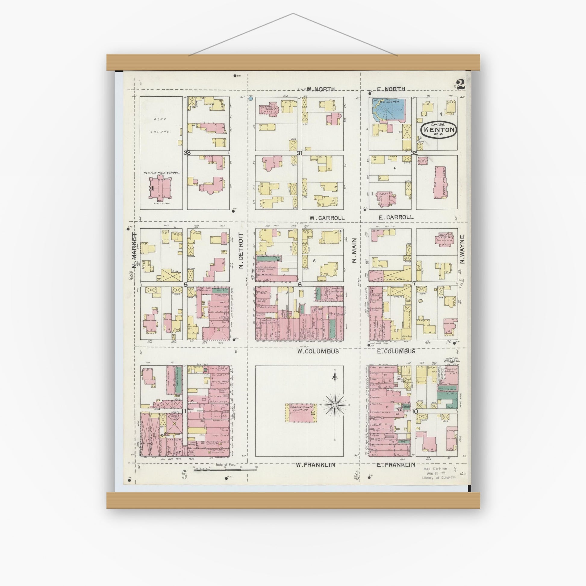 Old map wall art mockup — magnetic wood frame on white wall — Sanborn Fire Insurance Map from Kenton, Hardin County, Ohio (1892), Sheet #0002