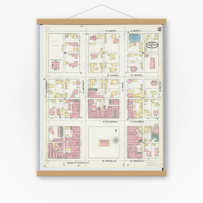 Old map wall art mockup — magnetic wood frame on white wall — Sanborn Fire Insurance Map from Kenton, Hardin County, Ohio (1892), Sheet #0002