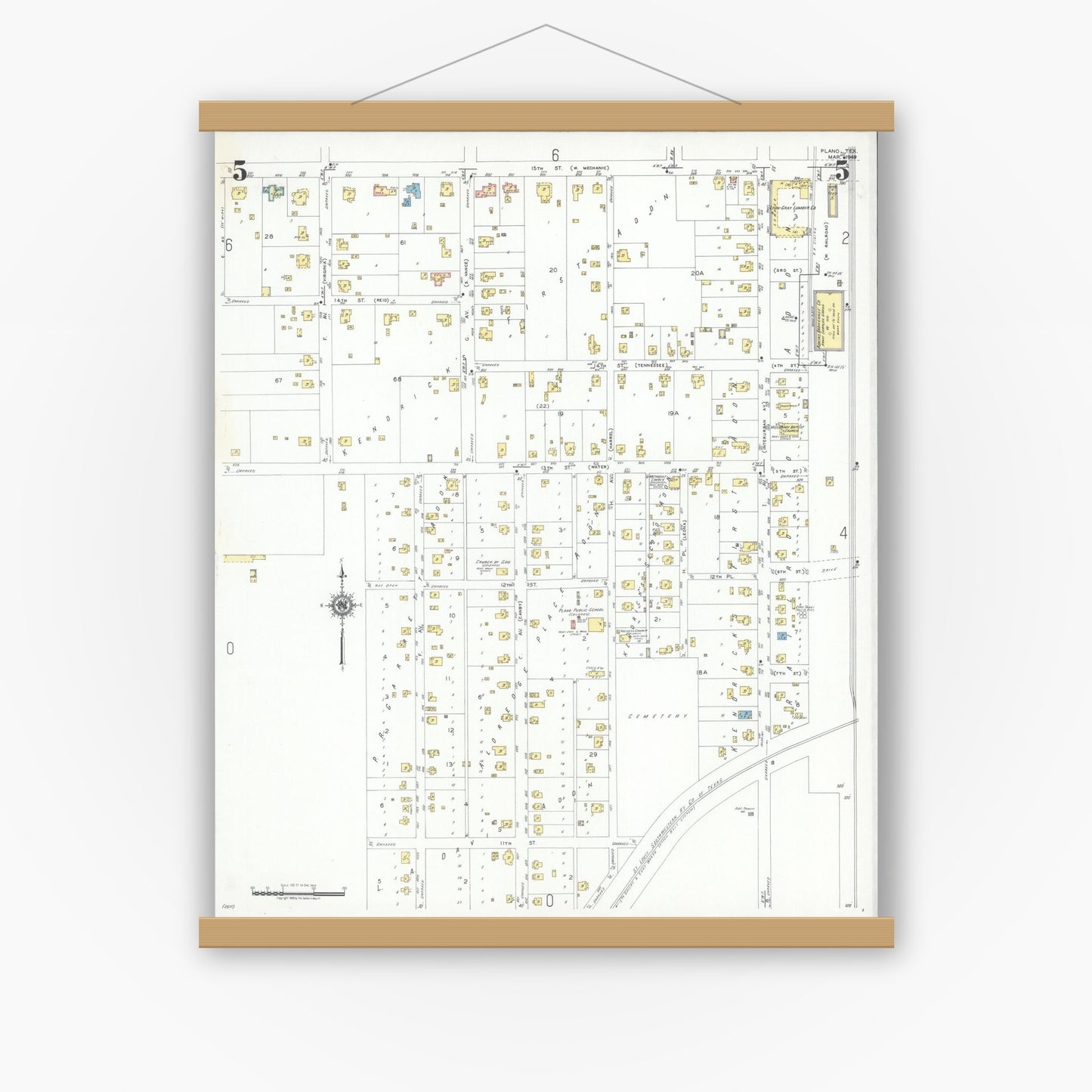 Old map wall art mockup — magnetic wood frame on white wall — Sanborn Fire Insurance Map from Plano, Collin County, Texas (1949), Sheet #0005
