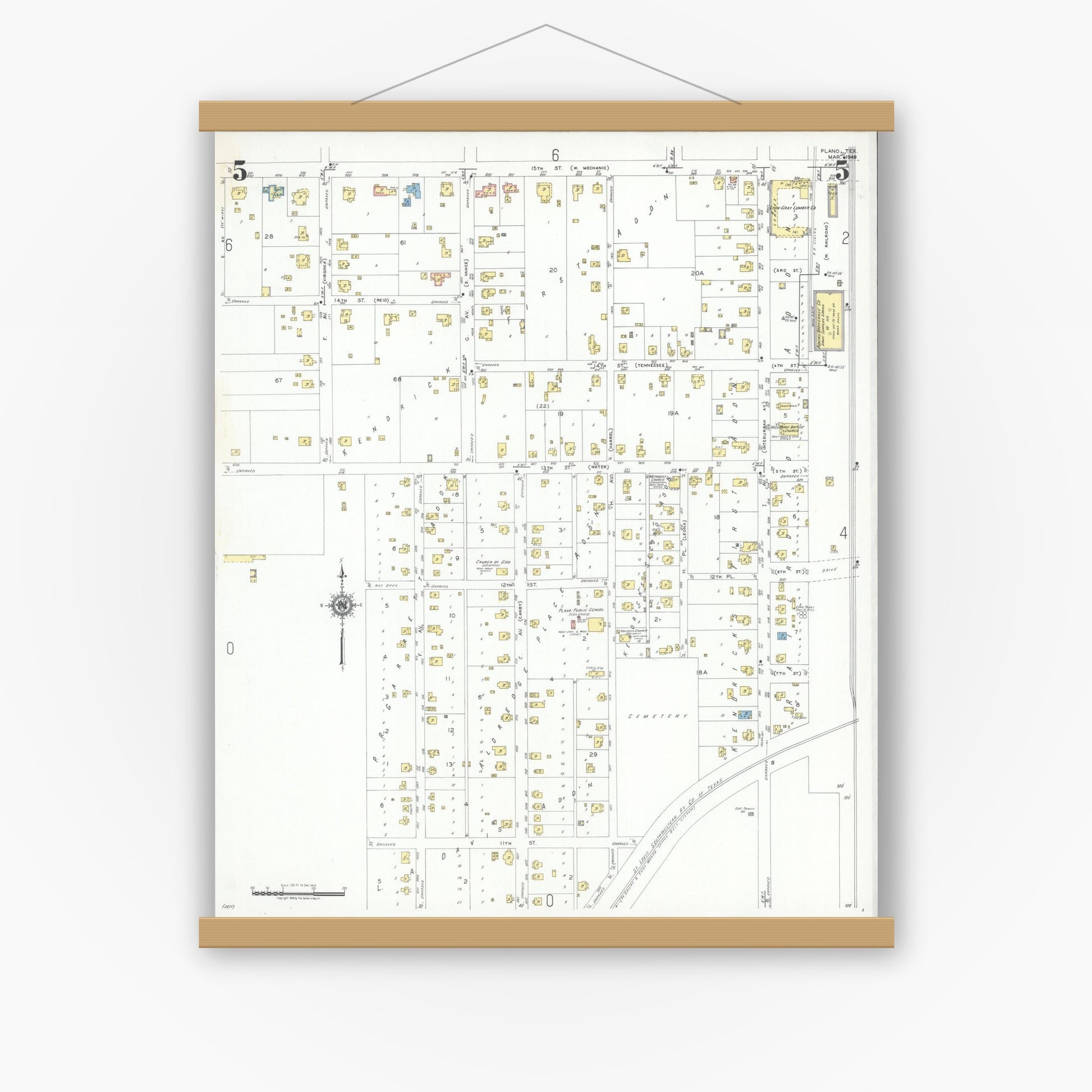 Old map wall art mockup — magnetic wood frame on white wall — Sanborn Fire Insurance Map from Plano, Collin County, Texas (1949), Sheet #0005