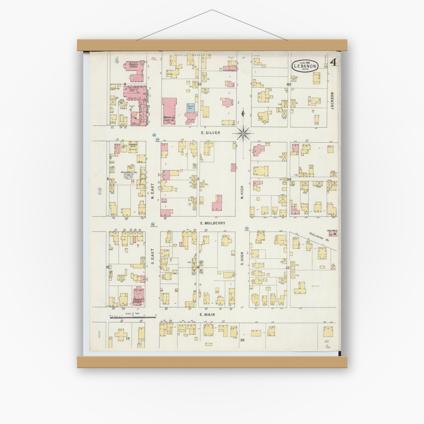 Old map wall art mockup — magnetic wood frame on white wall — Sanborn Fire Insurance Map from Lebanon, Warren County, Ohio (1895), Sheet #0004