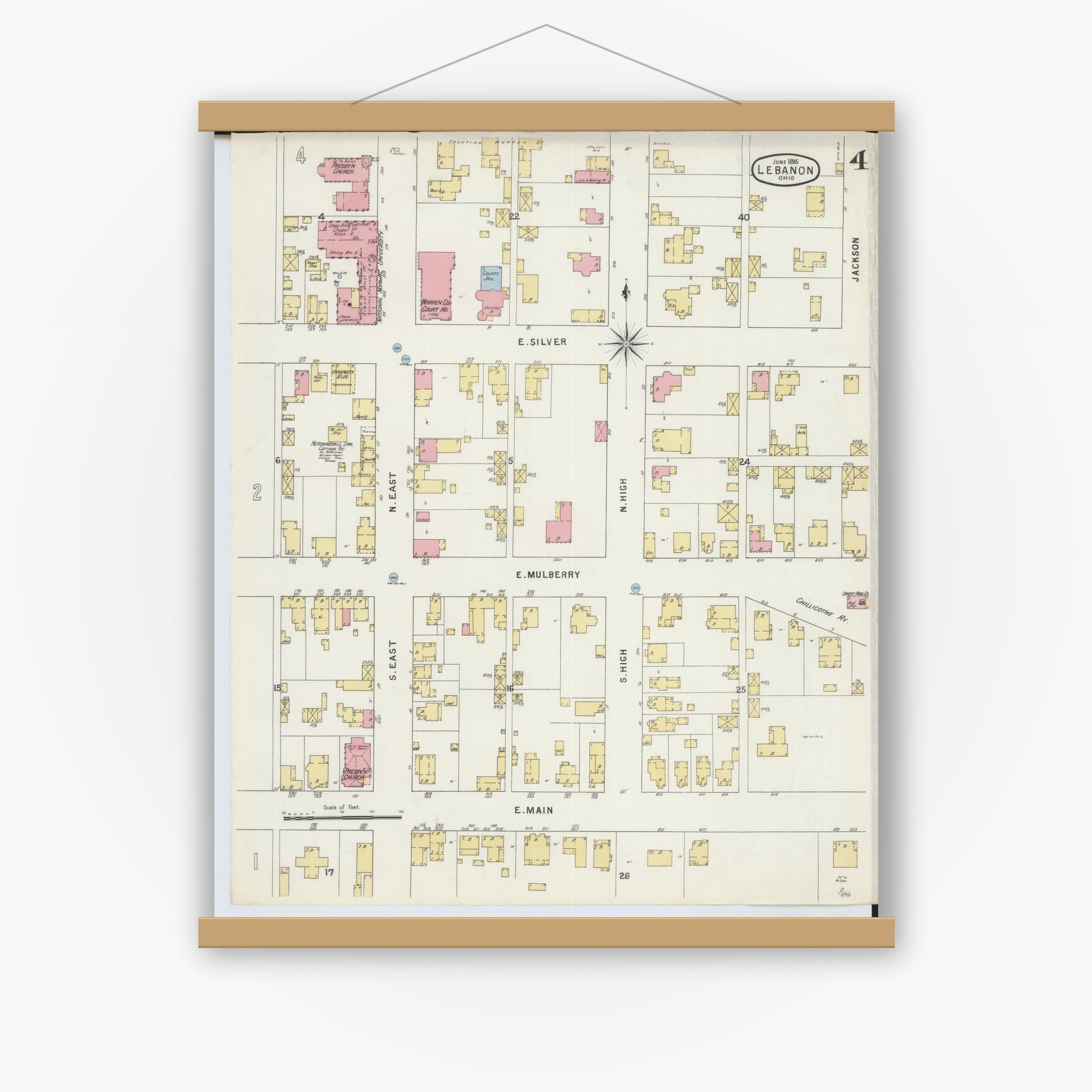Old map wall art mockup — magnetic wood frame on white wall — Sanborn Fire Insurance Map from Lebanon, Warren County, Ohio (1895), Sheet #0004