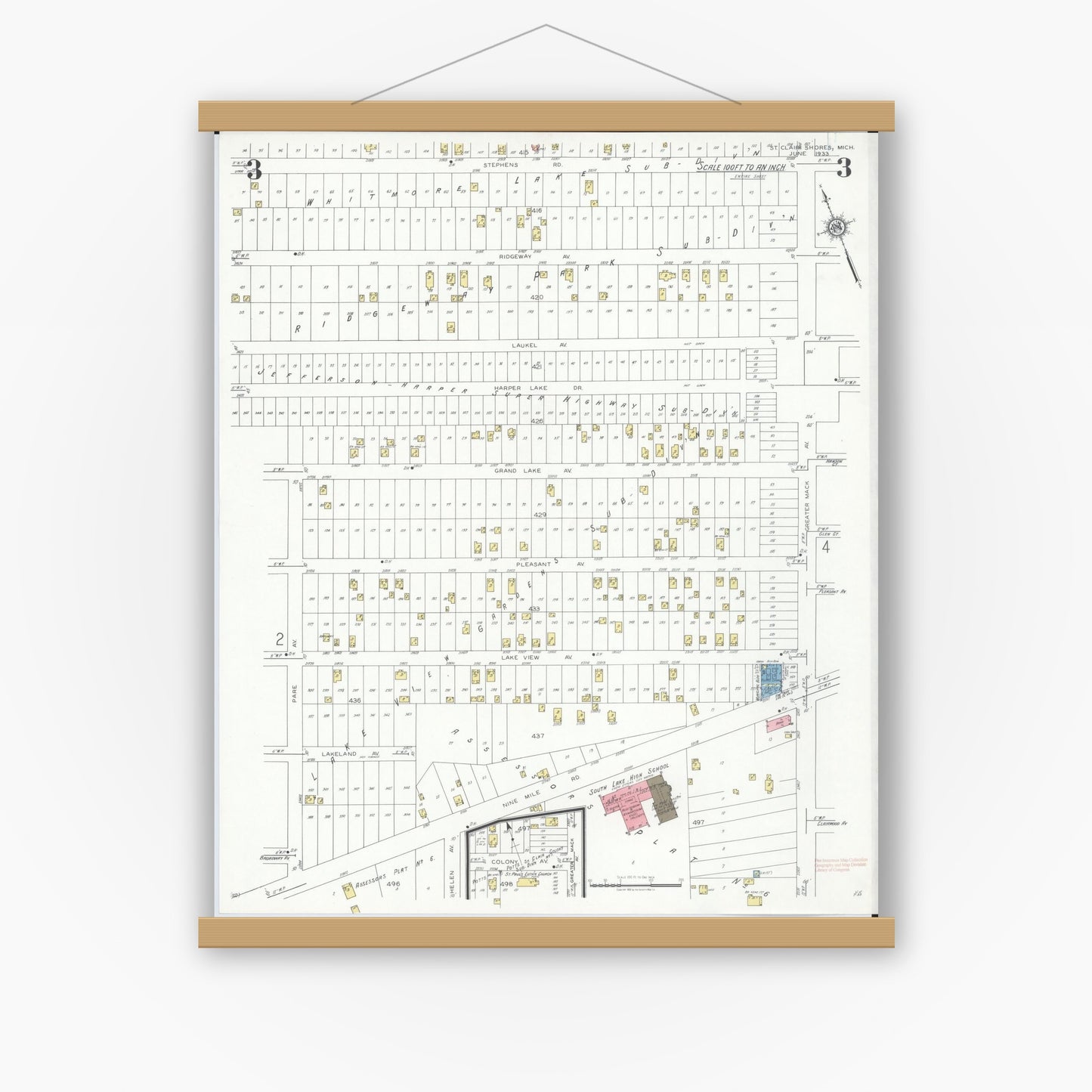 Old map wall art mockup — magnetic wood frame on white wall — Sanborn Fire Insurance Map from Saint Clair Shores, Macomb County, Michigan (1933), Sheet #0003