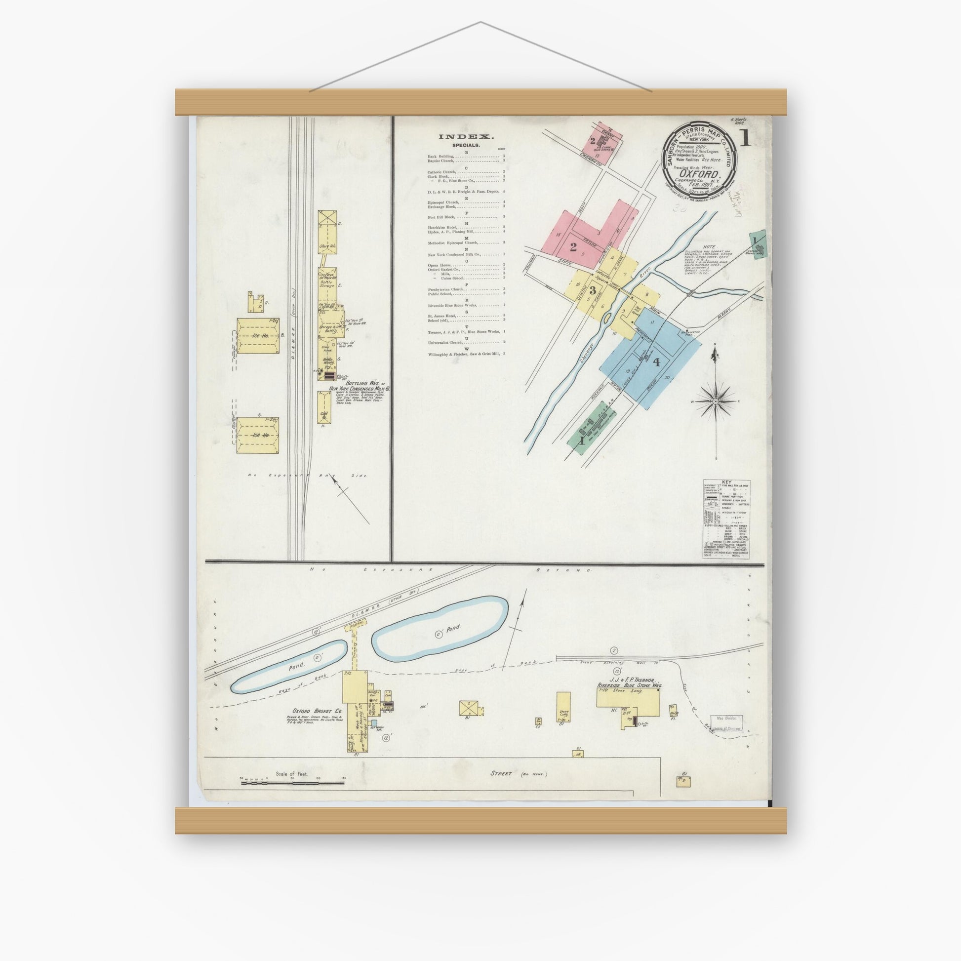Old map wall art mockup — magnetic wood frame on white wall — Sanborn Fire Insurance Map from Oxford, Chenango County, New York (1897) - Complete Map Set