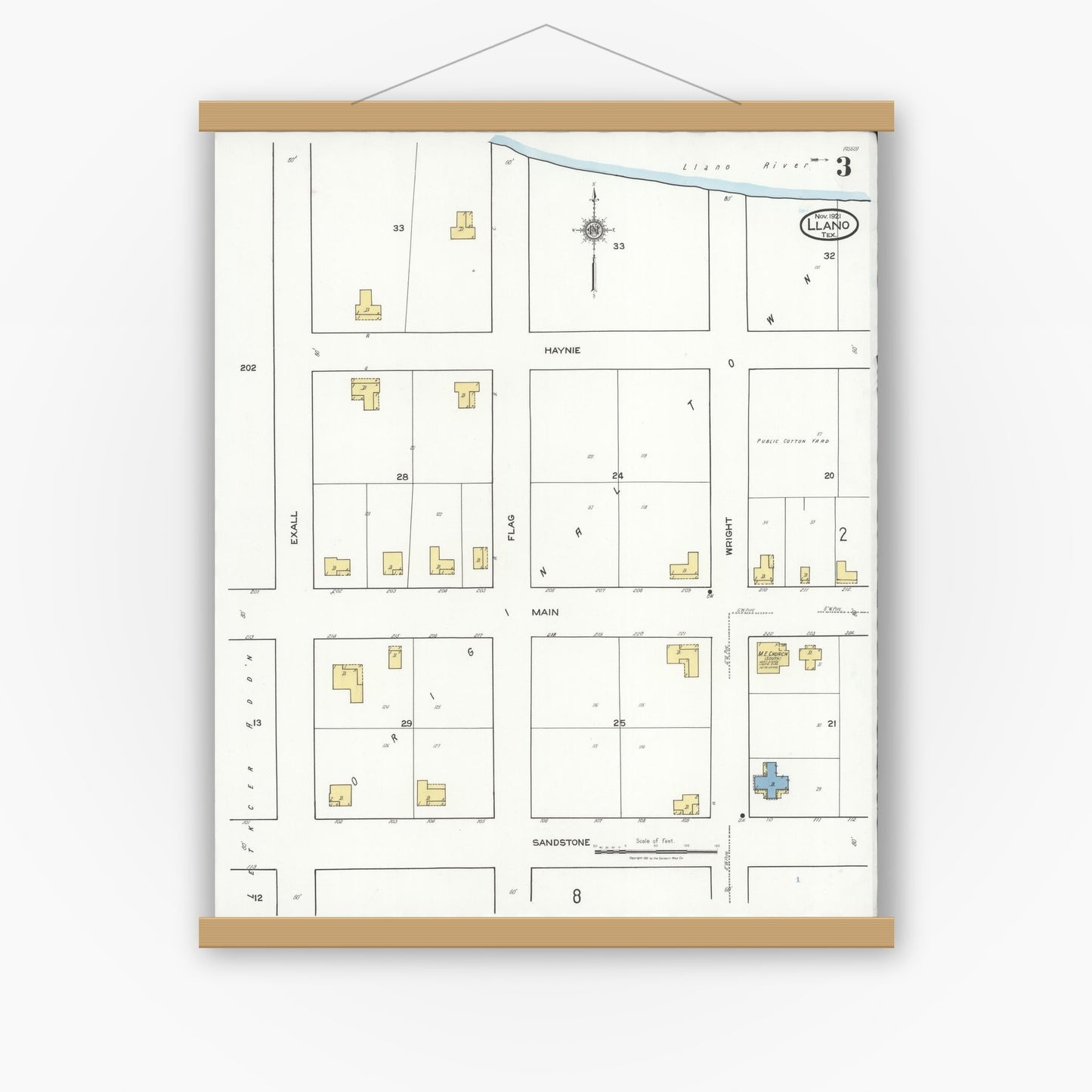Old map wall art mockup — magnetic wood frame on white wall — Sanborn Fire Insurance Map from Llano, Llano County, Texas (1921), Sheet #0003