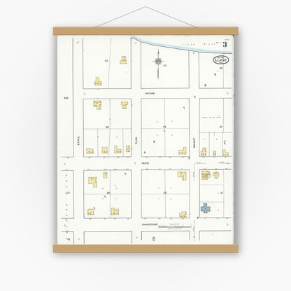 Old map wall art mockup — magnetic wood frame on white wall — Sanborn Fire Insurance Map from Llano, Llano County, Texas (1921), Sheet #0003