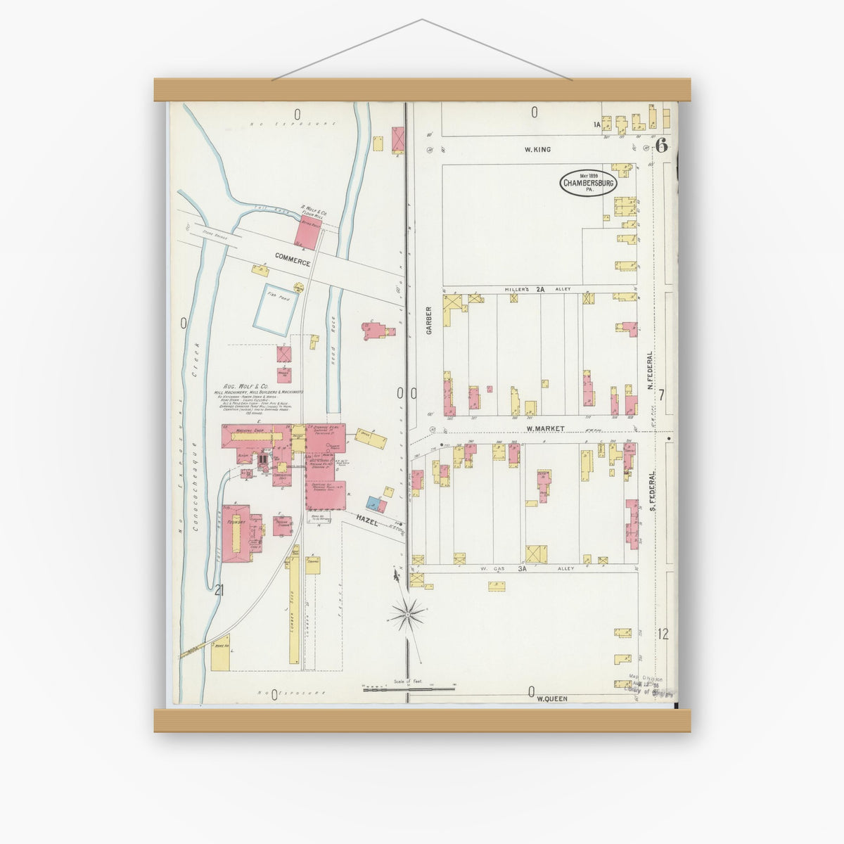Old map wall art mockup — magnetic wood frame on white wall — Sanborn Fire Insurance Map from Chambersburg, Franklin County, Pennsylvania (1899), Sheet #0006