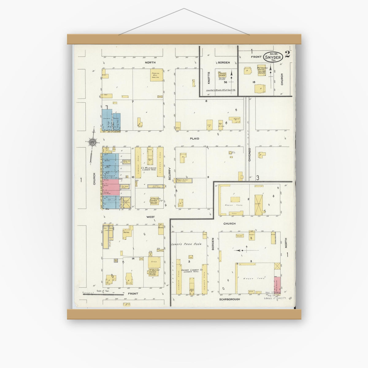 Old map wall art mockup — magnetic wood frame on white wall — Sanborn Fire Insurance Map from Snyder, Scurry County, Texas (1911), Sheet #0002