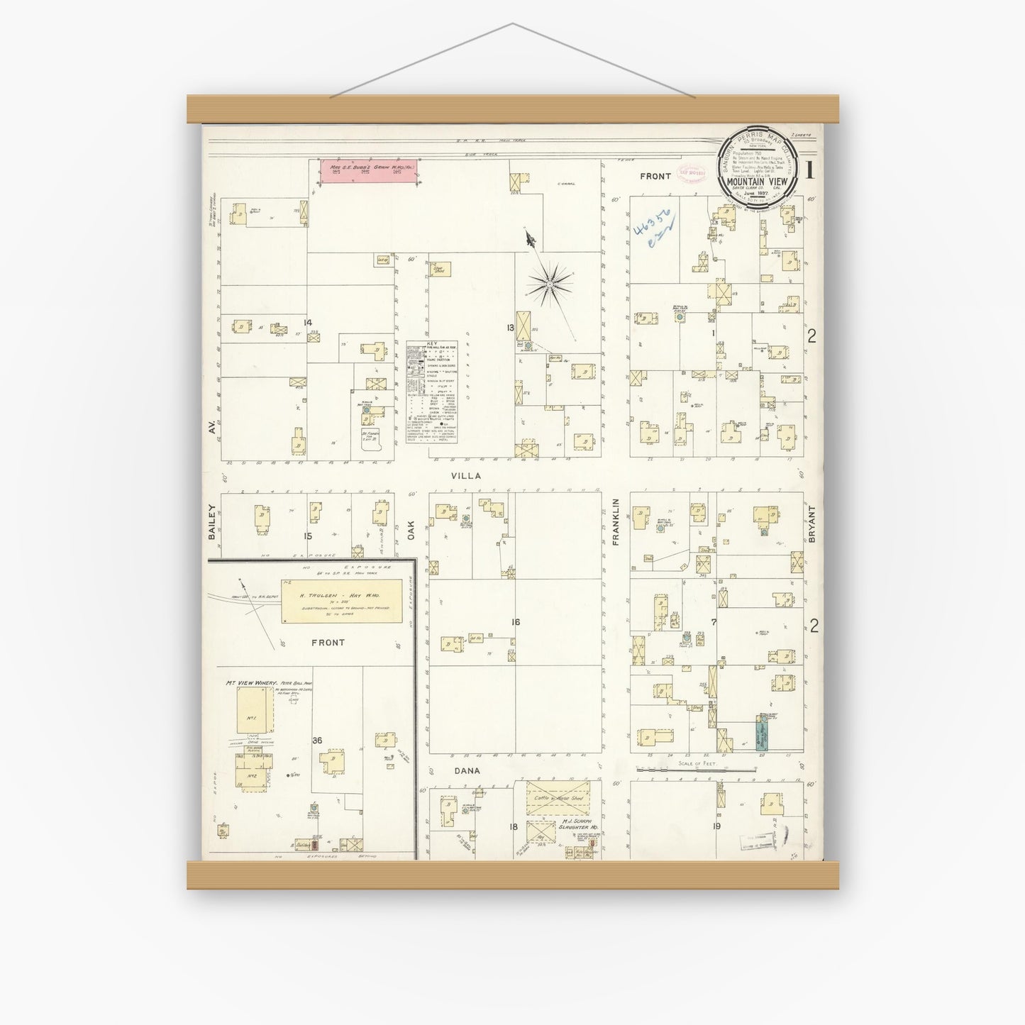 Old map wall art mockup — magnetic wood frame on white wall — Sanborn Fire Insurance Map from Mountain View, Santa Clara County, California (1897) - Complete Map Set