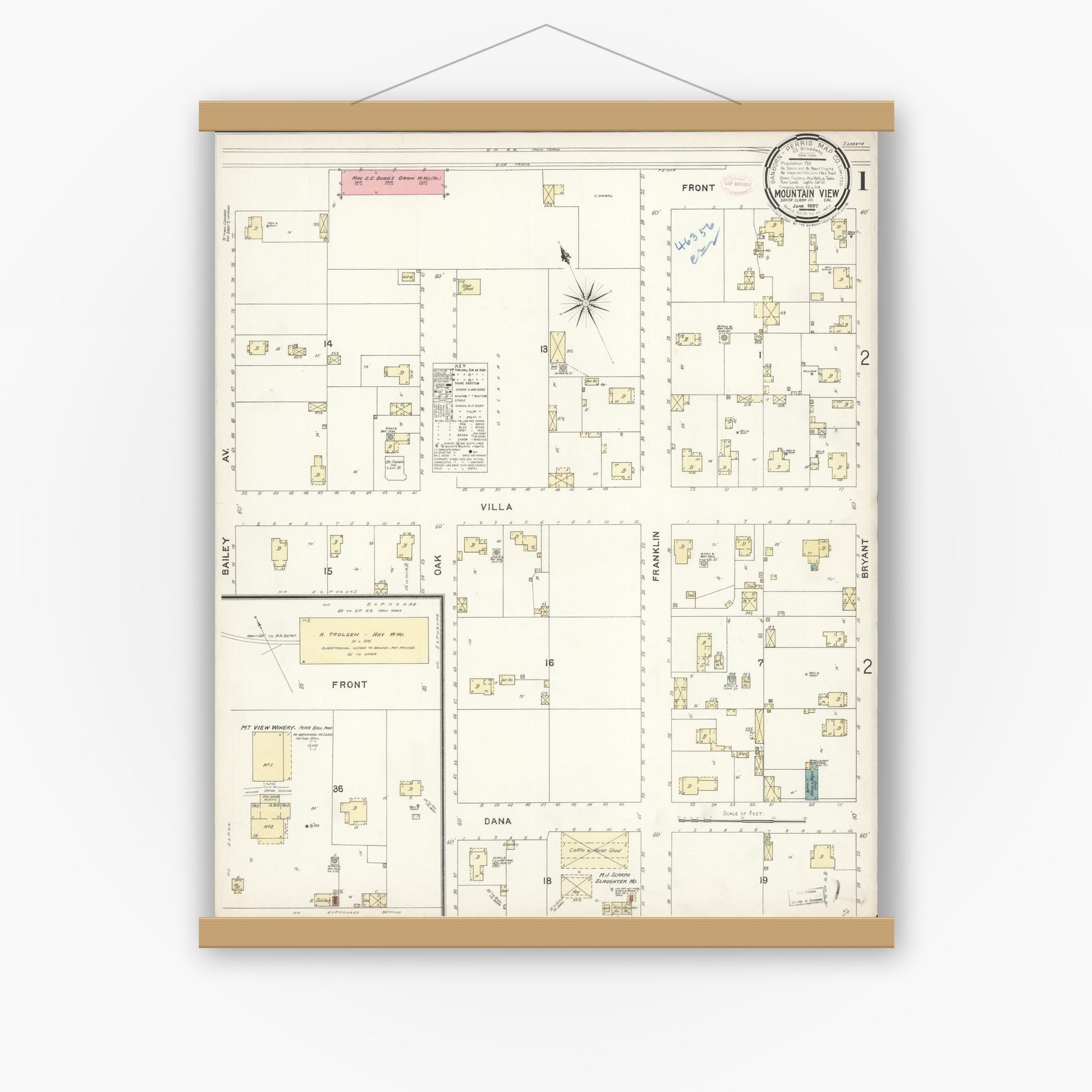 Old map wall art mockup — magnetic wood frame on white wall — Sanborn Fire Insurance Map from Mountain View, Santa Clara County, California (1897) - Complete Map Set