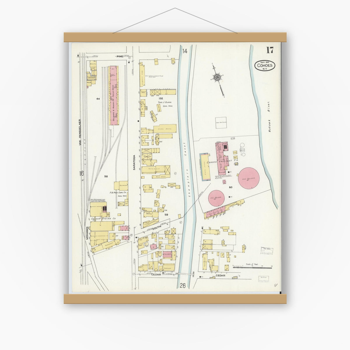 Old map wall art mockup — magnetic wood frame on white wall — Sanborn Fire Insurance Map from Cohoes, Albany County, New York (1910), Sheet #0017