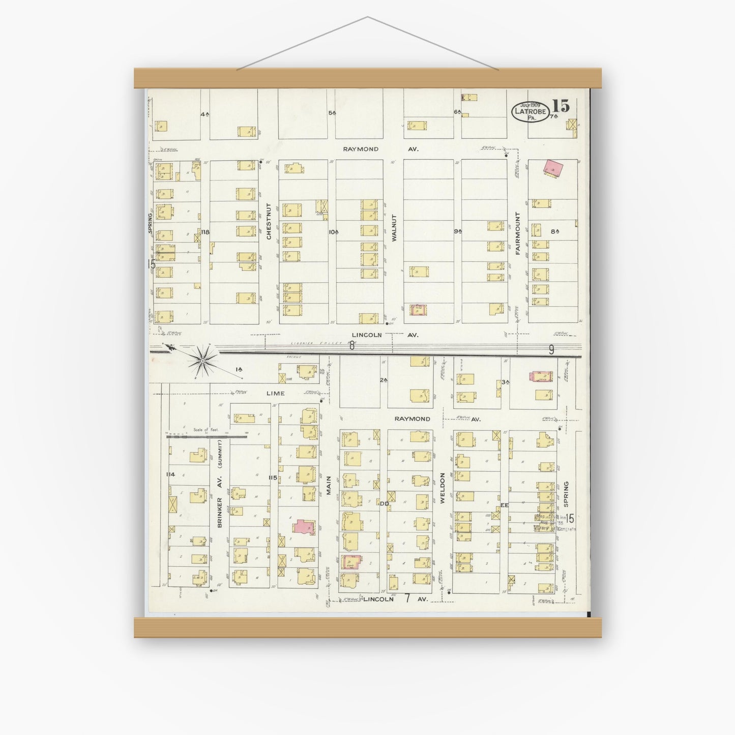 Old map wall art mockup — magnetic wood frame on white wall — Sanborn Fire Insurance Map from Latrobe, Westmoreland County, Pennsylvania (1909), Sheet #0015