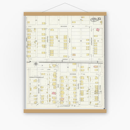 Old map wall art mockup — magnetic wood frame on white wall — Sanborn Fire Insurance Map from Latrobe, Westmoreland County, Pennsylvania (1909), Sheet #0015