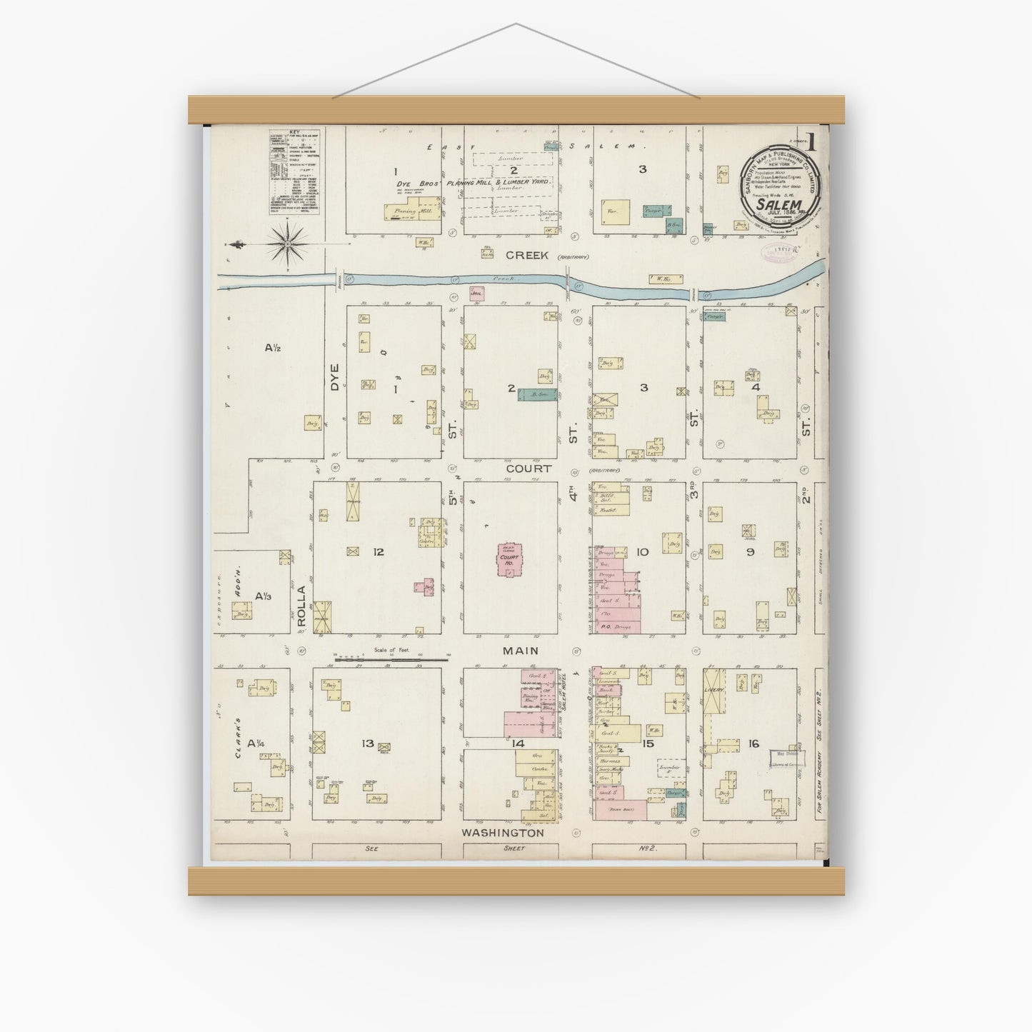Old map wall art mockup — magnetic wood frame on white wall — Sanborn Fire Insurance Map from Salem, Dent County, Missouri (1886) - Complete Map Set