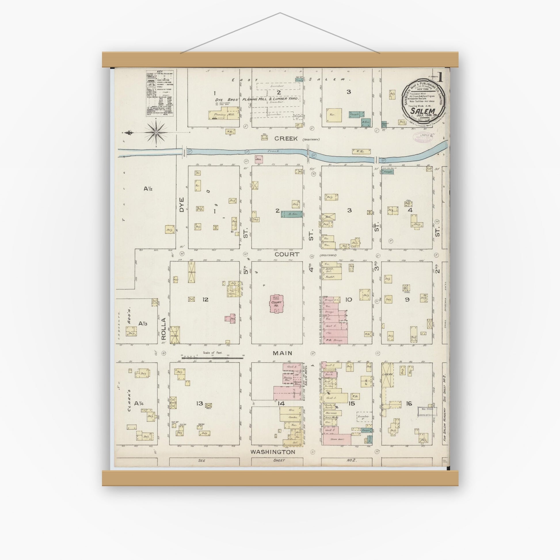 Old map wall art mockup — magnetic wood frame on white wall — Sanborn Fire Insurance Map from Salem, Dent County, Missouri (1886) - Complete Map Set