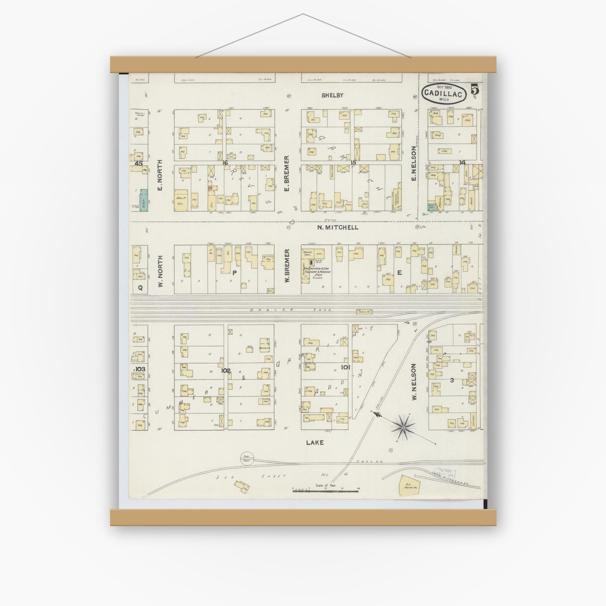 Old map wall art mockup — magnetic wood frame on white wall — Sanborn Fire Insurance Map from Cadillac, Wexford County, Michigan (1890), Sheet #0005
