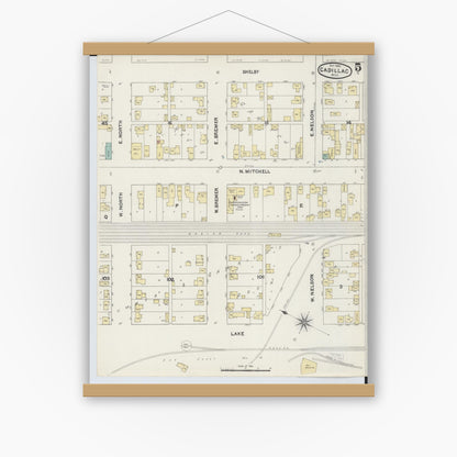 Old map wall art mockup — magnetic wood frame on white wall — Sanborn Fire Insurance Map from Cadillac, Wexford County, Michigan (1890), Sheet #0005
