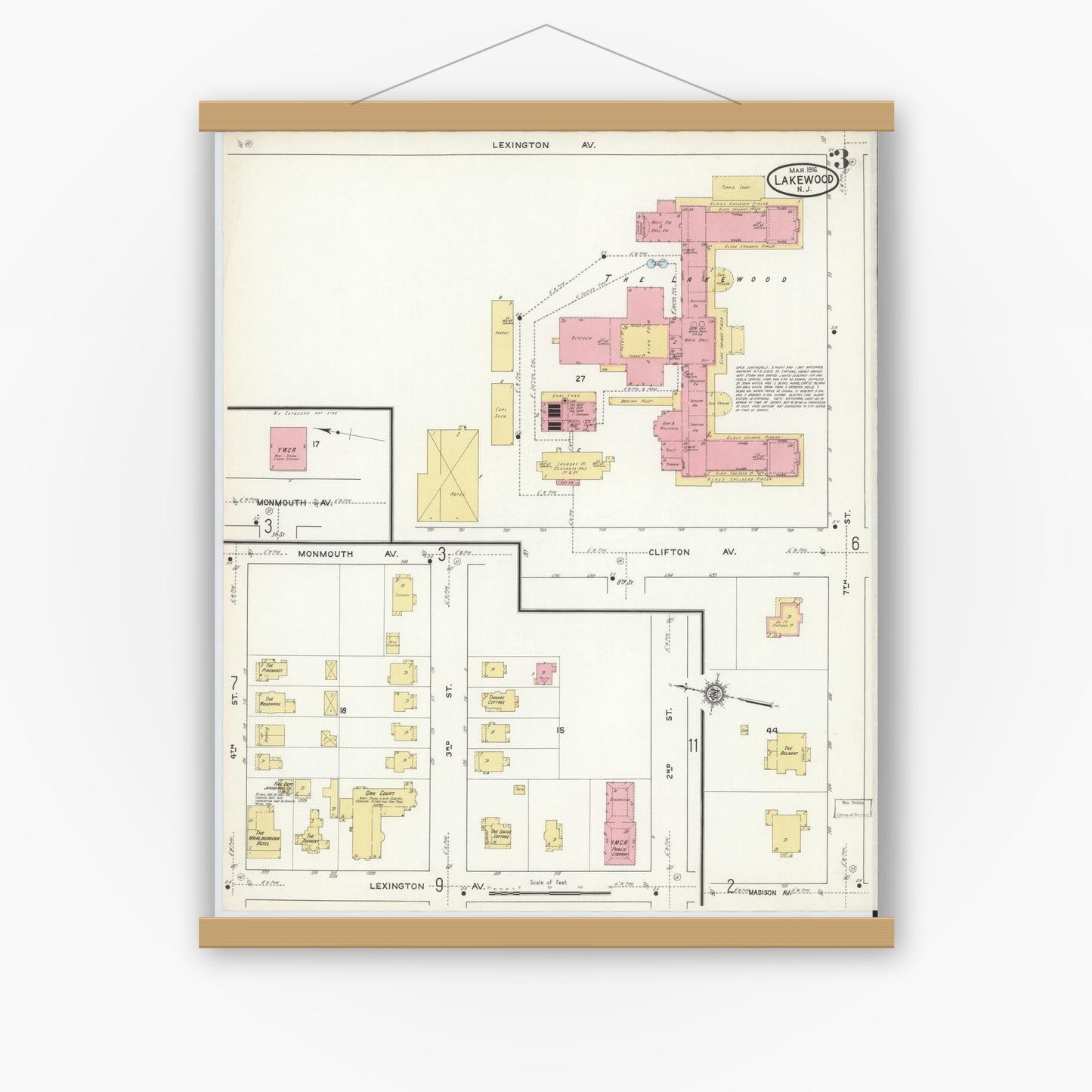 Old map wall art mockup — magnetic wood frame on white wall — Sanborn Fire Insurance Map from Lakewood, Ocean County, New Jersey (1916), Sheet #0003