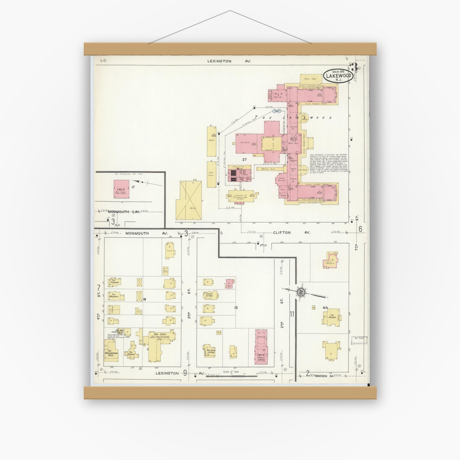 Old map wall art mockup — magnetic wood frame on white wall — Sanborn Fire Insurance Map from Lakewood, Ocean County, New Jersey (1916), Sheet #0003