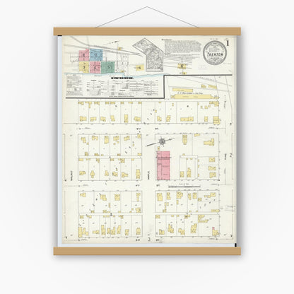 Old map wall art mockup — magnetic wood frame on white wall — Sanborn Fire Insurance Map from Trenton, Wayne County, Michigan (1912), Sheet #0001