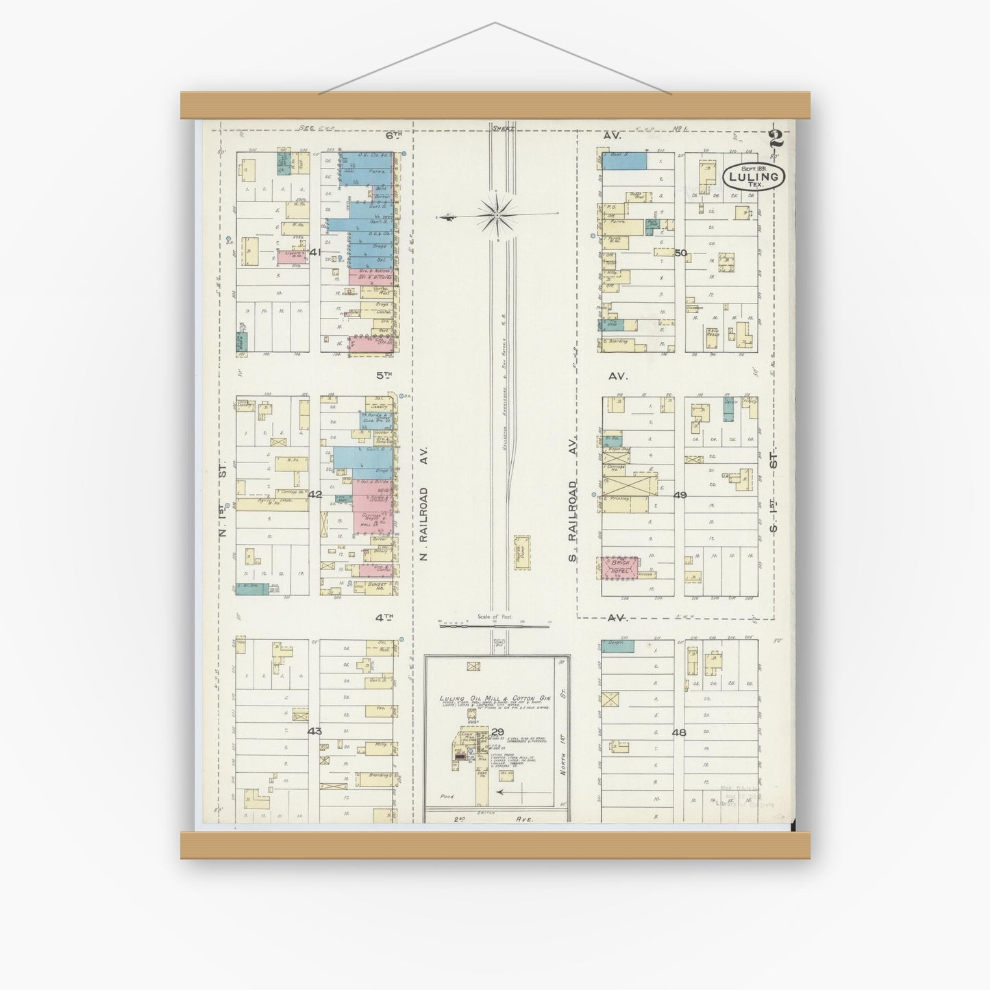 Old map wall art mockup — magnetic wood frame on white wall — Sanborn Fire Insurance Map from Luling, Caldwell County, Texas (1891), Sheet #0002