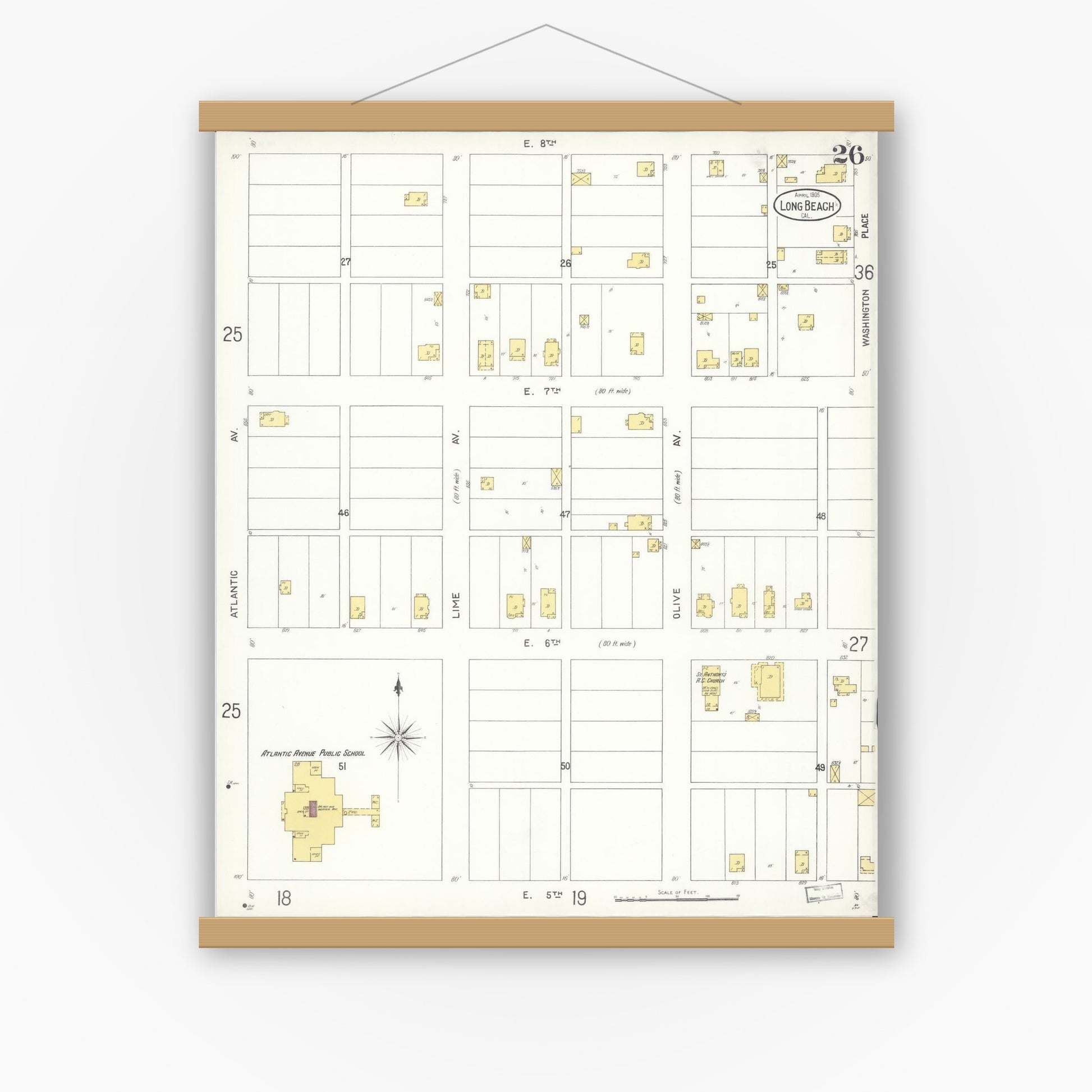 Old map wall art mockup — magnetic wood frame on white wall — Sanborn Fire Insurance Map from Long Beach, Los Angeles County, California (1905), Sheet #0026