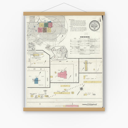 Old map wall art mockup — magnetic wood frame on white wall — Sanborn Fire Insurance Map from Pecos, Reeves County, Texas (1921), Sheet #0001