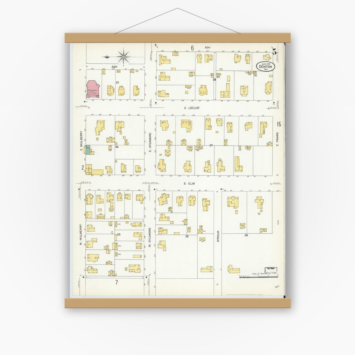Old map wall art mockup — magnetic wood frame on white wall — Sanborn Fire Insurance Map from Denton, Denton County, Texas (1907), Sheet #0005