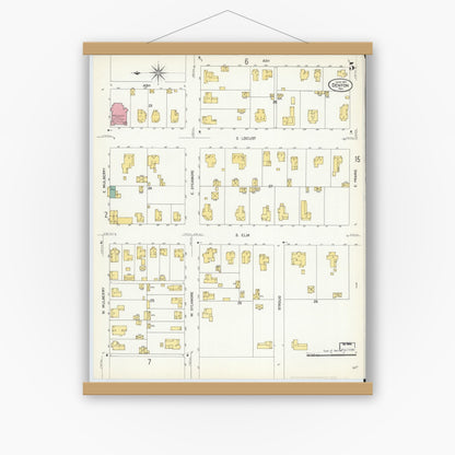 Old map wall art mockup — magnetic wood frame on white wall — Sanborn Fire Insurance Map from Denton, Denton County, Texas (1907), Sheet #0005