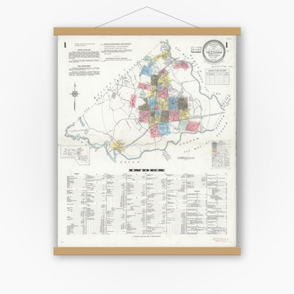 Old map wall art mockup — magnetic wood frame on white wall — Sanborn Fire Insurance Map from Needham, Norfolk County, Massachusetts (1937) - Complete Map Set