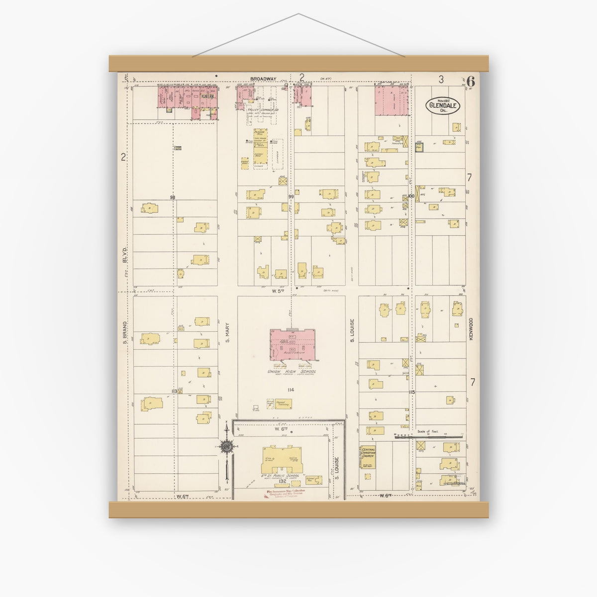 Old map wall art mockup — magnetic wood frame on white wall — Sanborn Fire Insurance Map from Glendale, Los Angeles County, California (1912), Sheet #0006