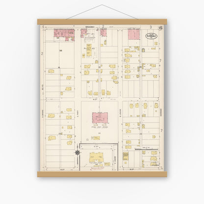 Old map wall art mockup — magnetic wood frame on white wall — Sanborn Fire Insurance Map from Glendale, Los Angeles County, California (1912), Sheet #0006