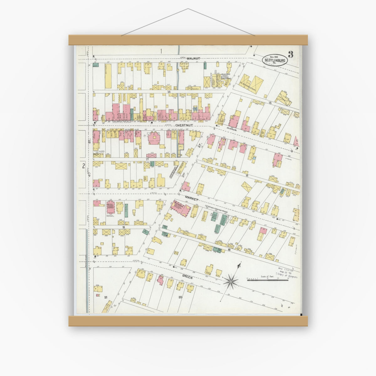 Old map wall art mockup — magnetic wood frame on white wall — Sanborn Fire Insurance Map from Mifflinburg, Union County, Pennsylvania (1901), Sheet #0003