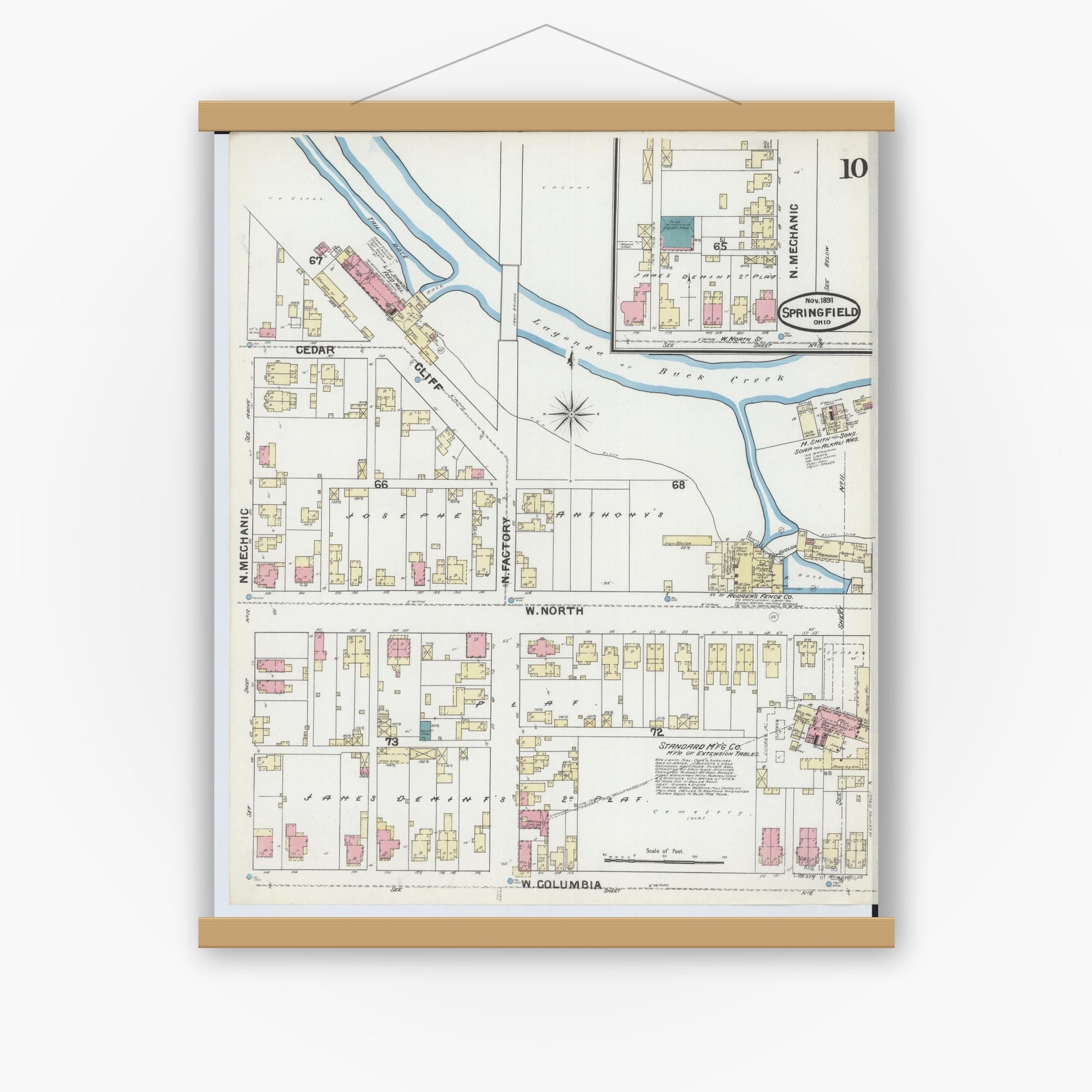 Old map wall art mockup — magnetic wood frame on white wall — Sanborn Fire Insurance Map from Springfield, Clark County, Ohio (1891), Sheet #0010