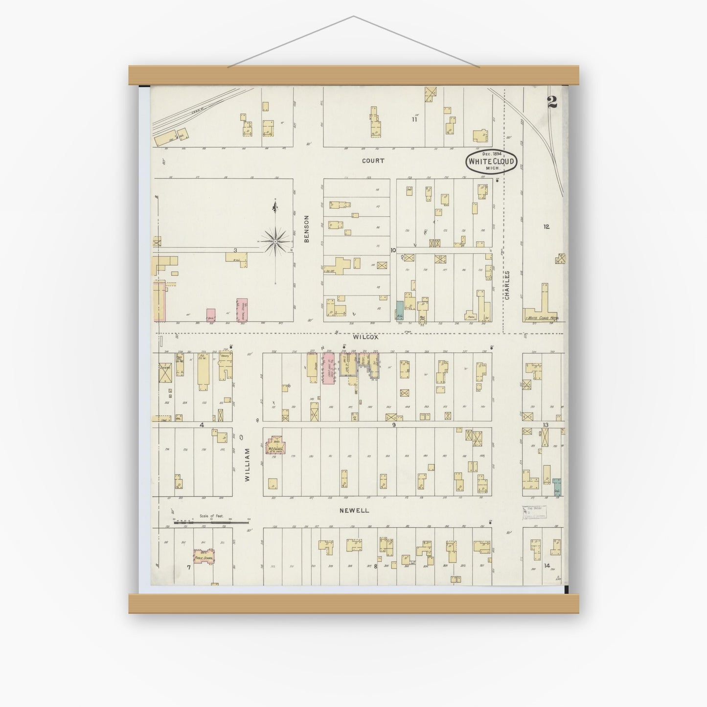 Old map wall art mockup — magnetic wood frame on white wall — Sanborn Fire Insurance Map from White Cloud, Newaygo County, Michigan (1894), Sheet #0002