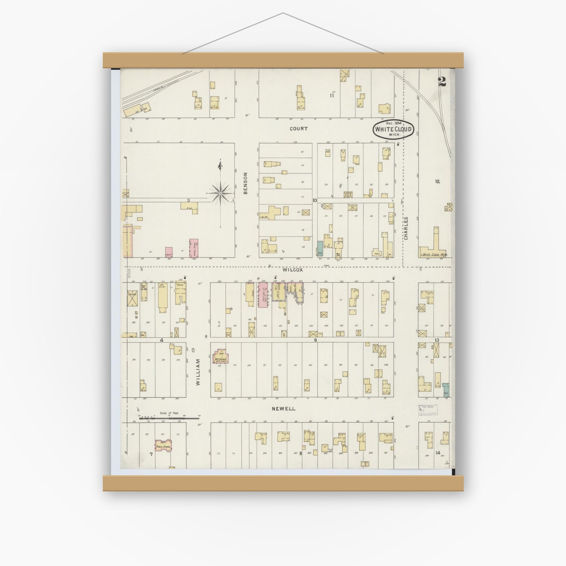 Old map wall art mockup — magnetic wood frame on white wall — Sanborn Fire Insurance Map from White Cloud, Newaygo County, Michigan (1894), Sheet #0002
