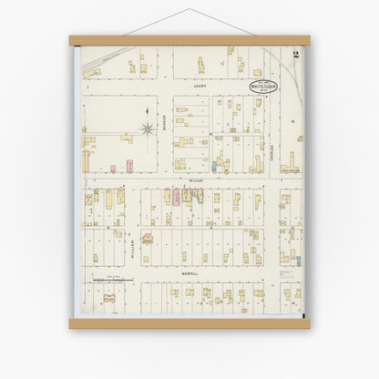 Old map wall art mockup — magnetic wood frame on white wall — Sanborn Fire Insurance Map from White Cloud, Newaygo County, Michigan (1894), Sheet #0002