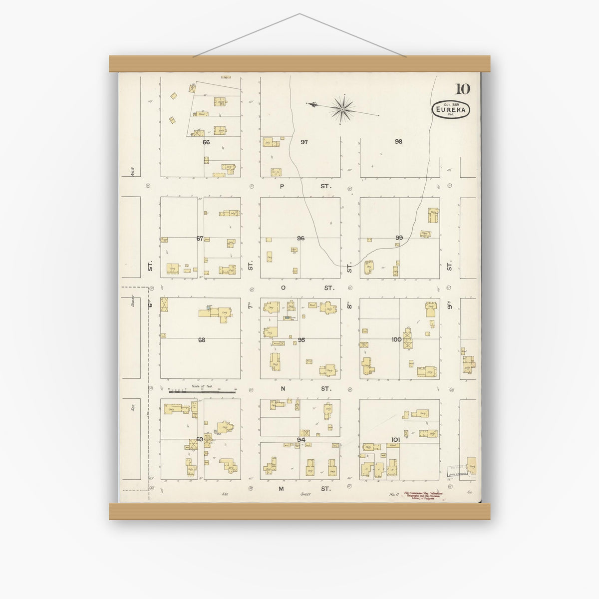 Old map wall art mockup — magnetic wood frame on white wall — Sanborn Fire Insurance Map from Eureka, Humboldt County, California (1889), Sheet #0010