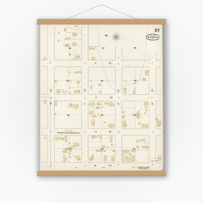 Old map wall art mockup — magnetic wood frame on white wall — Sanborn Fire Insurance Map from Eureka, Humboldt County, California (1889), Sheet #0010
