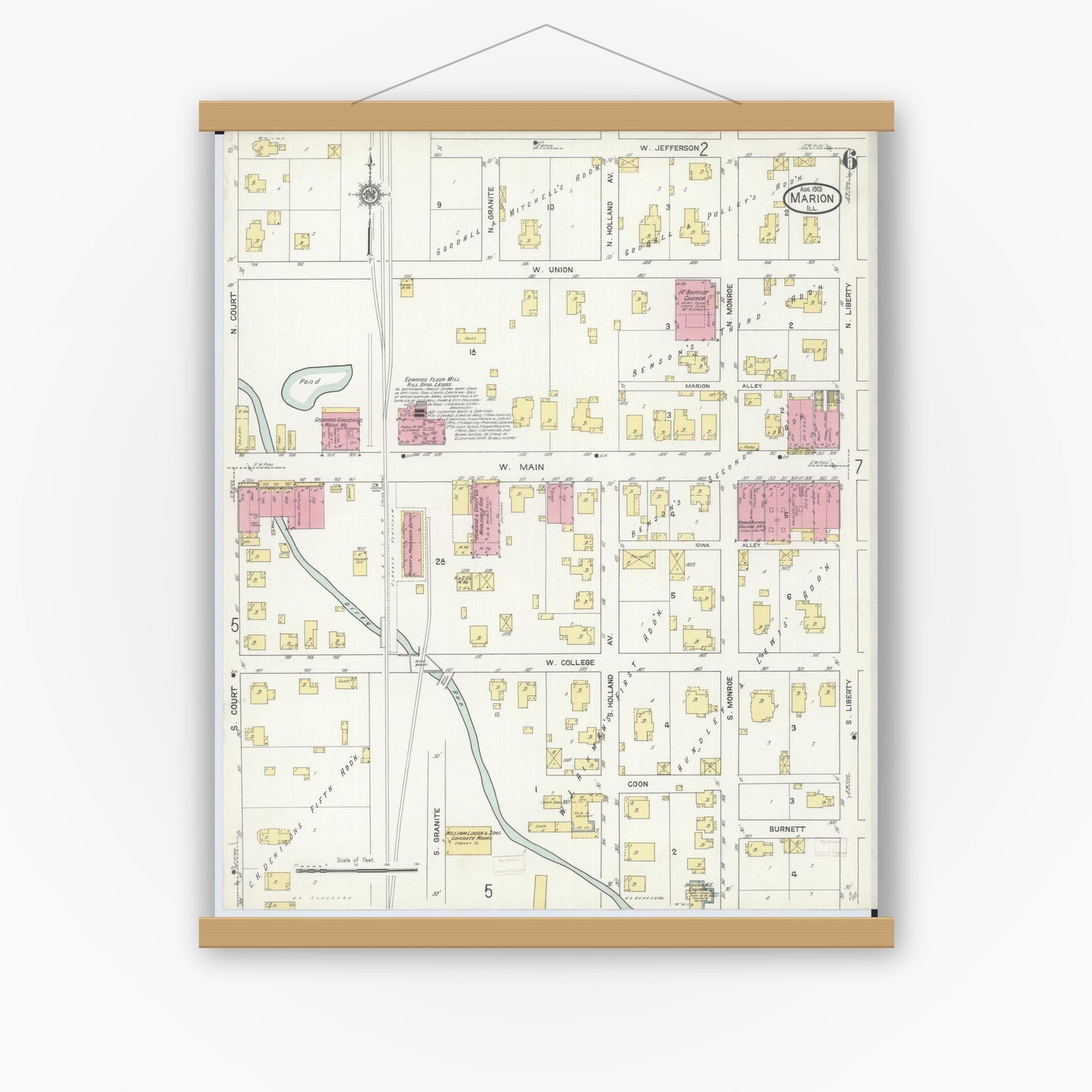 Old map wall art mockup — magnetic wood frame on white wall — Sanborn Fire Insurance Map from Marion, Williamson County, Illinois (1913), Sheet #0006