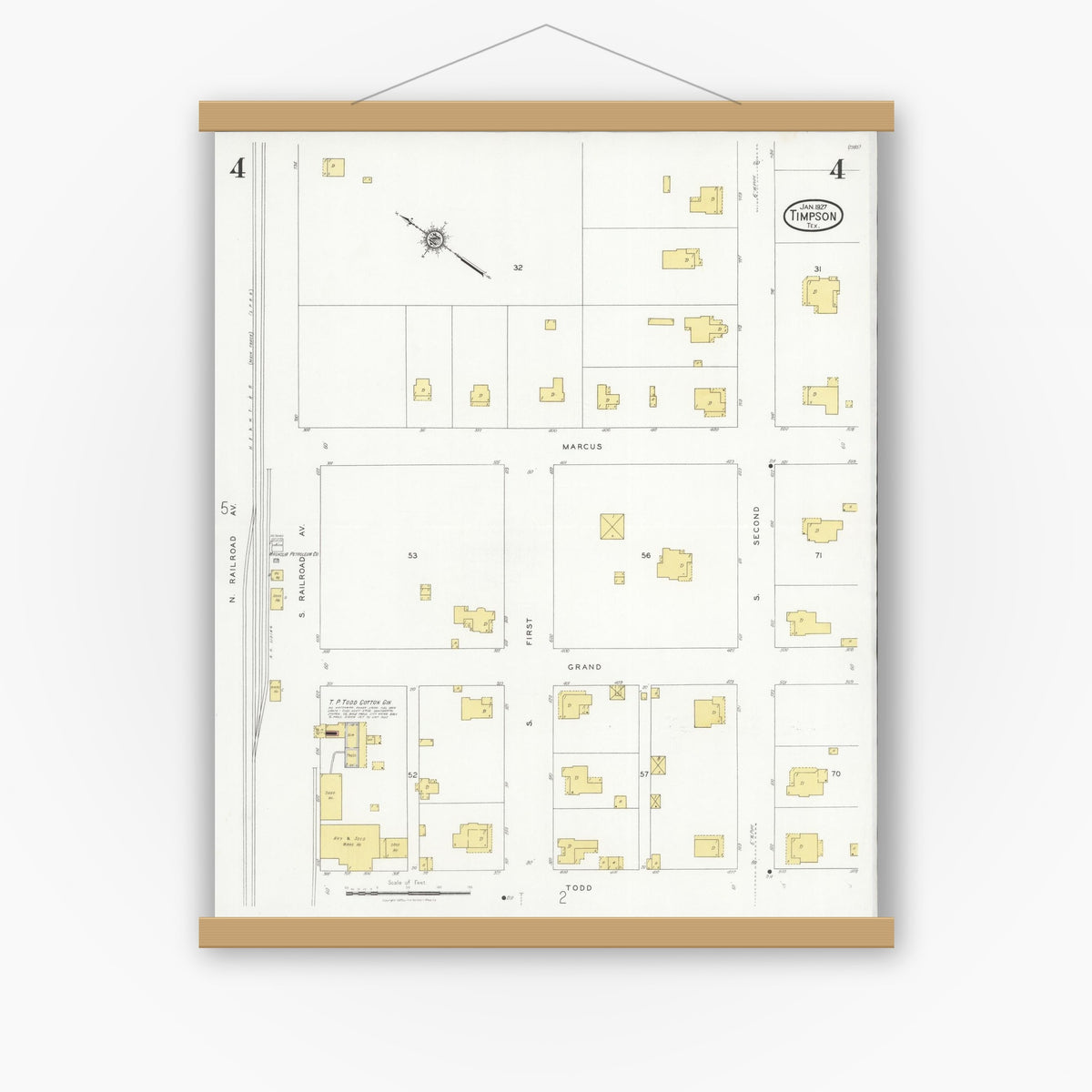 Old map wall art mockup — magnetic wood frame on white wall — Sanborn Fire Insurance Map from Timpson, Shelby County, Texas (1927), Sheet #0004