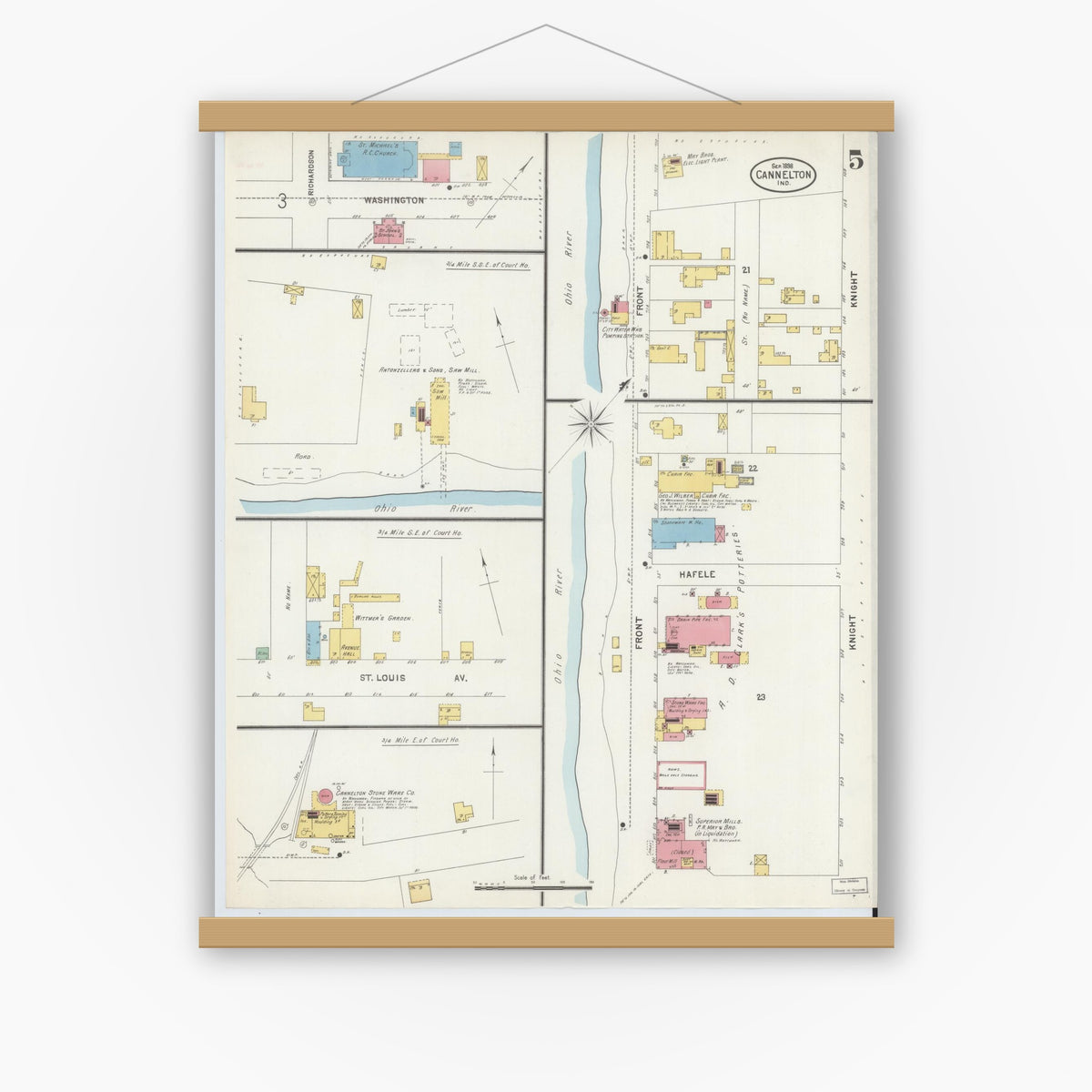 Old map wall art mockup — magnetic wood frame on white wall — Sanborn Fire Insurance Map from Cannelton, Perry County, Indiana (1898), Sheet #0005