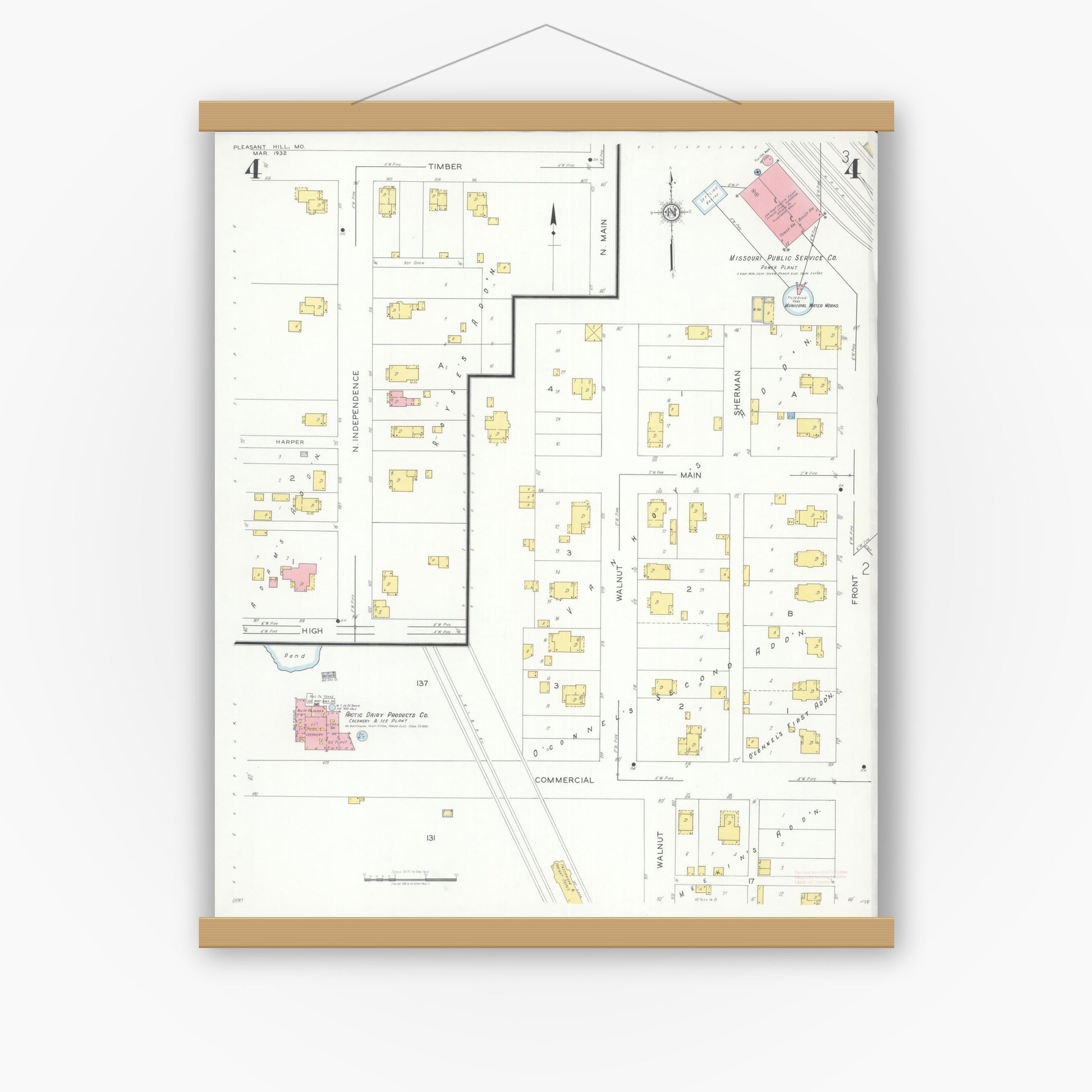 Old map wall art mockup — magnetic wood frame on white wall — Sanborn Fire Insurance Map from Pleasant Hill, Cass County, Missouri (1932), Sheet #0004
