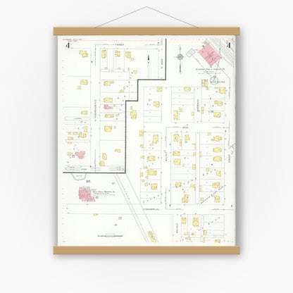 Old map wall art mockup — magnetic wood frame on white wall — Sanborn Fire Insurance Map from Pleasant Hill, Cass County, Missouri (1932), Sheet #0004