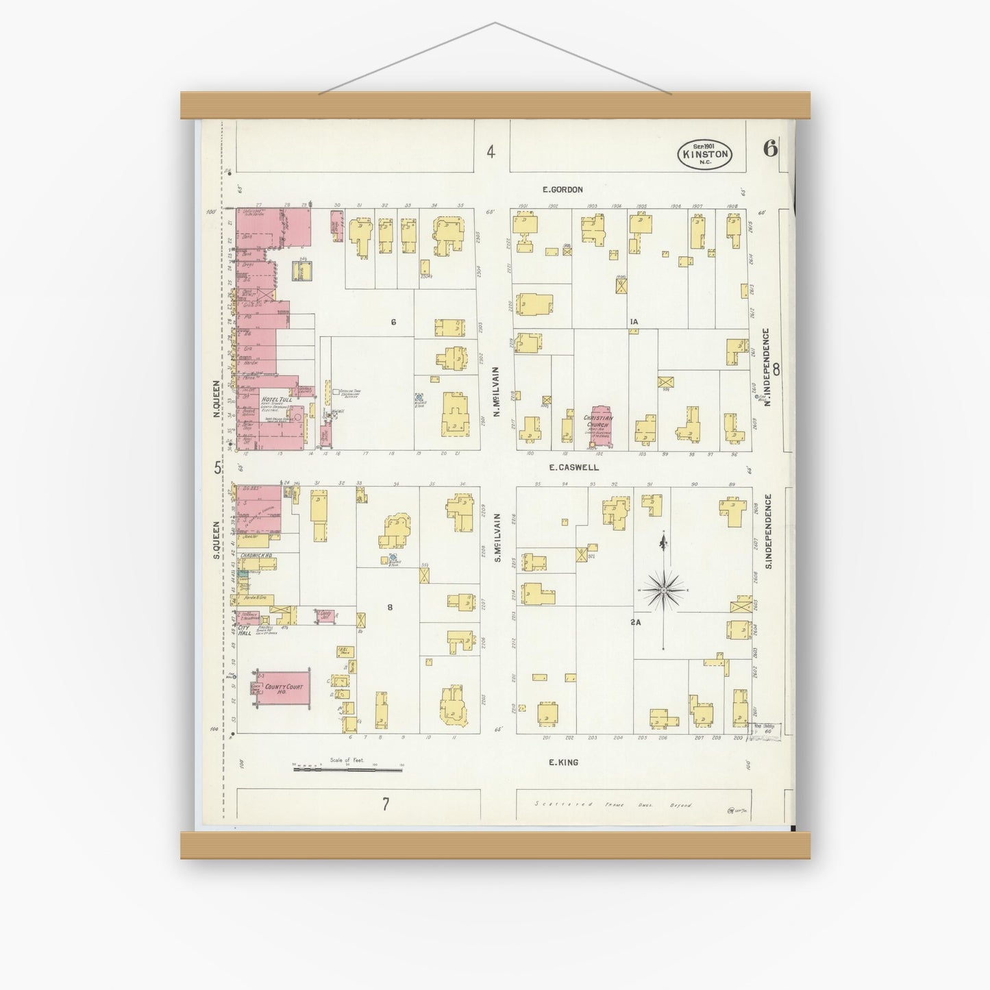 Old map wall art mockup — magnetic wood frame on white wall — Sanborn Fire Insurance Map from Kinston, Lenoir County, North Carolina (1901), Sheet #0006