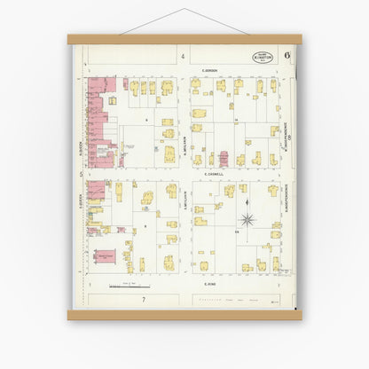 Old map wall art mockup — magnetic wood frame on white wall — Sanborn Fire Insurance Map from Kinston, Lenoir County, North Carolina (1901), Sheet #0006